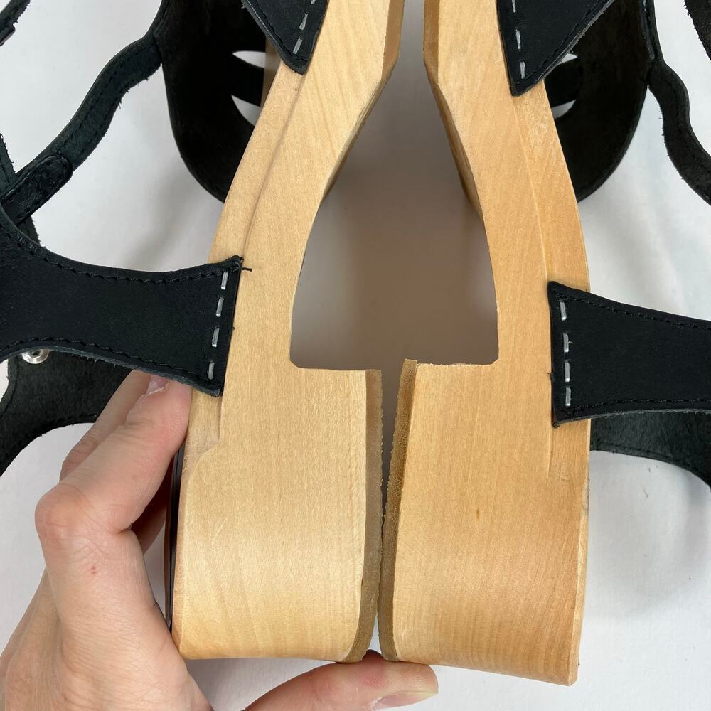 Swedish Hasbeens Ulla Low Sandals Size US 11 EU 41 Black Leather Wood Platform - Picture 13 of 16